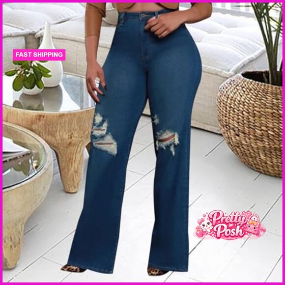 High Waisted Wide Leg Jeans Stretch Denim Pants Baggy Straight Leg - Picture 4 of 7